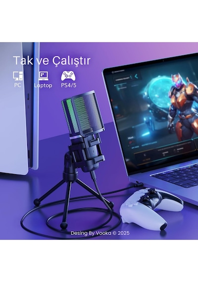 Rgb Işıklı Kablolu Condenser Mikrofon Usb Bağlantılı, Tripod Standlı, Pop Filtreli, Online Ders,