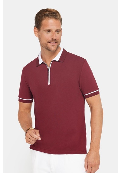 Tudors Erkek Slim Fit Dar Kesim %100 Pamuk Düz Pike Fermuarlı Bordo Polo Yaka Tişört-31111 Bordo