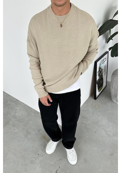 Krem Basic Bisiklet Yaka Triko Kazak Krem