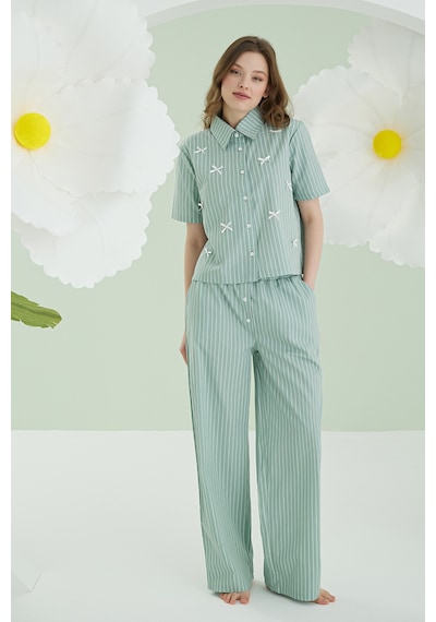 Nbb Kadın Yeşil Kurdele Önden Düğmeli Pijama Takım YESIL