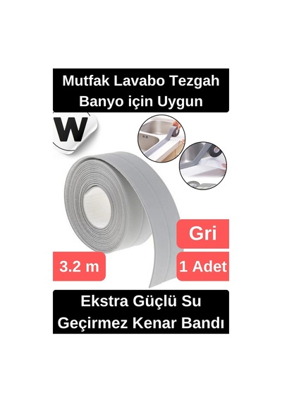 Premium Su Geçirmez Sızdırmaz Yalıtım Küf Banyo Mutfak Lavabo Gri Kenar Şerit Bant 3.2m 1 Adet
