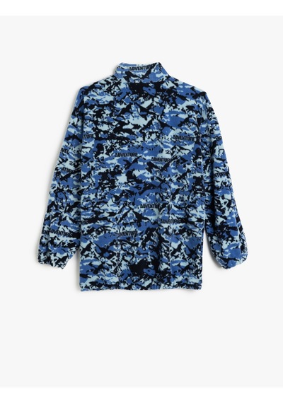 Koton Oversize Polar Sweatshirt Dik Yaka Yarım Fermuar Kanguru Cepli Mavi Desenli 5wkb10188tk Mavi