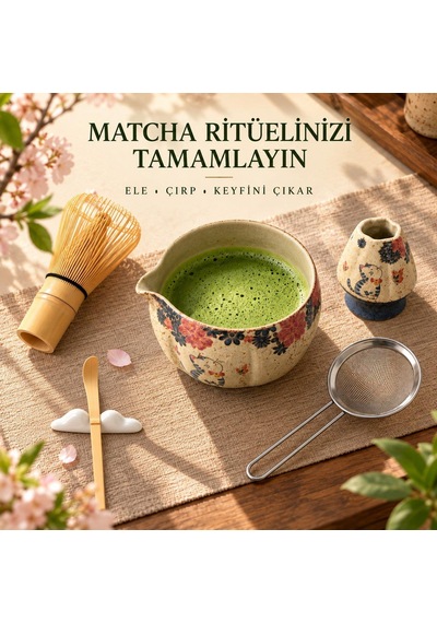 Valkyrie Kedili 6 Parça Matcha Seti Chasen Çırpıcı Chawan Kase Chashaku Kaşık Stand Ve Süzgeç Krem