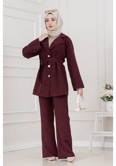Kemerli Düğme Detaylı İkili Takım-bordo-5693 Bordo