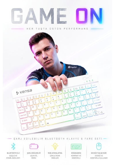 Tablet Ve Bilgisayar İçin Rgb Led Işıklı Taşınabilir Kablosuz Bluetooth Klavye Ve Dongle'lı Mouse Seti Beyaz