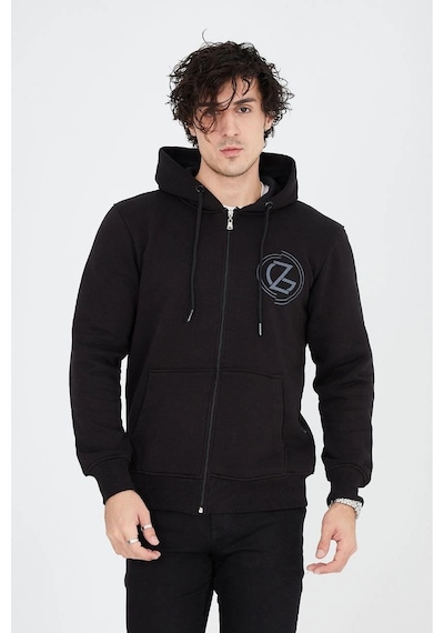 Erkek 3 İplik Pamuklu Fermuarlı Kapüşonlu Kanguru Cepli Baskılı Hoodie Hırka Sweatshirt - Siyah