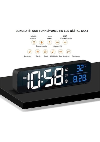 Hd Led Ekranlı Aynalı Dijital Masa Saati Sıcaklık, Tarih Ve Alarm Özellikli Elektronik Saat Siyah