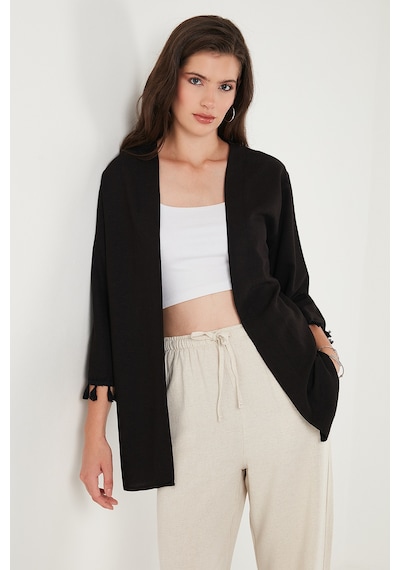 Lela Pamuk Ve Keten Karışımlı Püskül Detaylı Regular Fit Uzun Kimono Bayan Hırka 5869015 Siyah