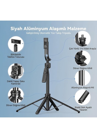Profesyonel Tripod Ve Selfie Çubuğu, 360 Yapay Zeka Yüz Takibi, Aı Hareketle Komut, 1/4 Vidalı, Canlı Yayın, Vlog, Fotoğraf, Uzaktan Kumandalı,160cm C17