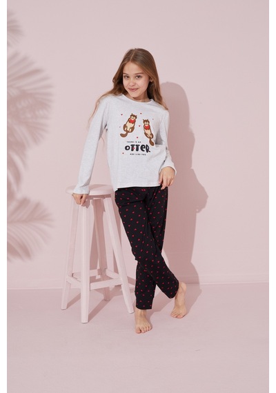 Siyah İnci Pamuklu Örme Pijama Takım 24241062 Gri