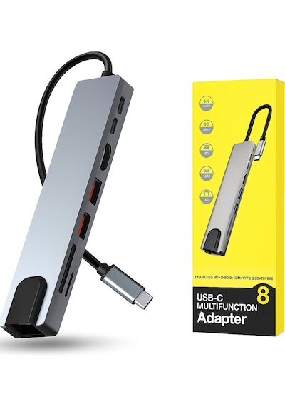 8'in 1 Usb Type-c Hub Çoklu Bağlantı İstasyonu Hdmı 4k, Rj45 Ethernet Usb 3.0, Pd Sd/tf Kart Okuyucu