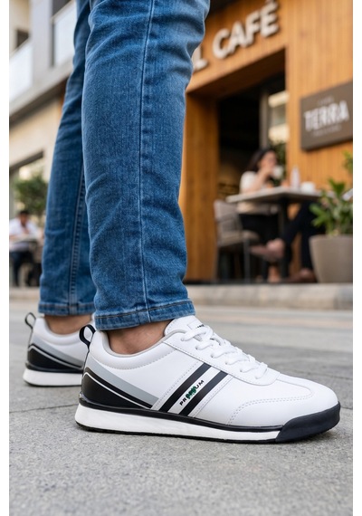 In Step Premium Serisi Beyaz Siyah Çizgili Unısex Sneaker Günlük Spor Ayakkabı Beyaz - Siyah