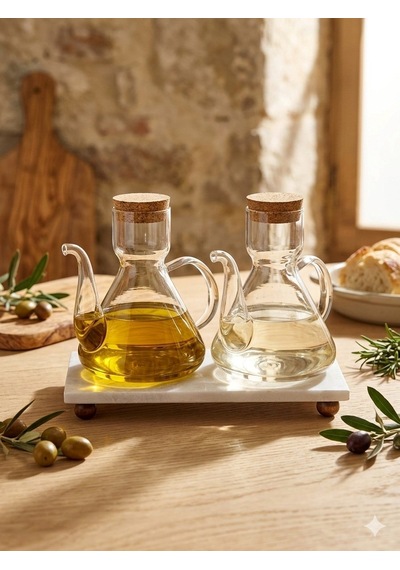 Reoona Mermer Stantlı 2li Borosilikat Cam Mantar Kapaklı Yağdanlık 500 Ml + 500 Ml Liya Şeffaf