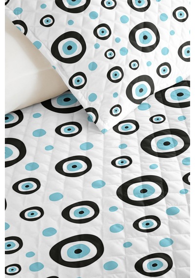 Mavi Geometrik Modern Tek Kişilik Pike Takımı - Beyaz Siyah Nazar Boncuğu 160x220 Cm Yatak Örtüsü Ahenkli Rüzgar Kırığı