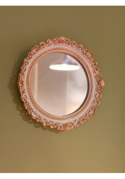 Dantel Kabartmalı Yuvarlak Duvar Aynası Beyaz & Eskitme Altın 28 Cm Naturel