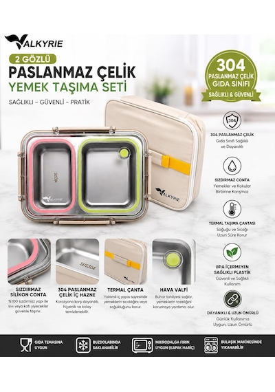 Valkyrie 2 Bölmeli 304 Paslanmaz Çelik Lunch Box Sızdırmaz Renkli Yemek Taşıma Kabı + Termal Çanta Çok Renkli