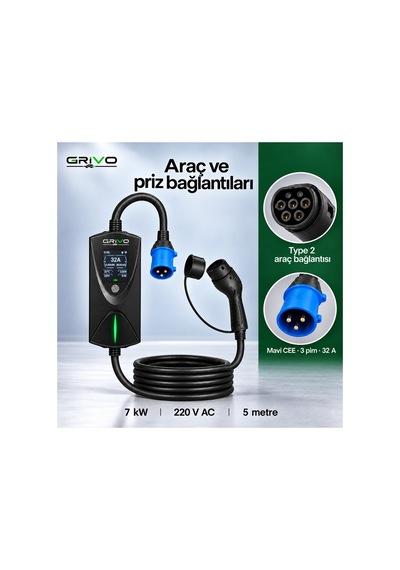 7 Kw 32a Taşınabilir Elektrikli Araç Şarj Cihazı Type 2 5 Metre Kablo Ip67 2 Yıl  - 938842549