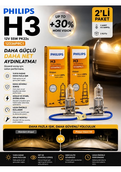 H3 Vision +30% Daha Fazla Işık Far Ampulü 2'li Set Gün Işığı Rengi 12v 55w