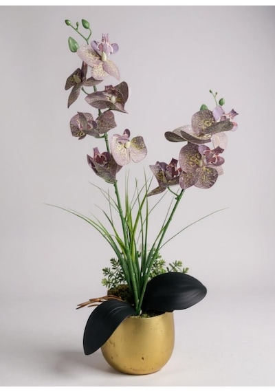 Yapay Çiçek Mor Islak Orkide Gold Metal Saksıda Saksıda Orkide 50cm