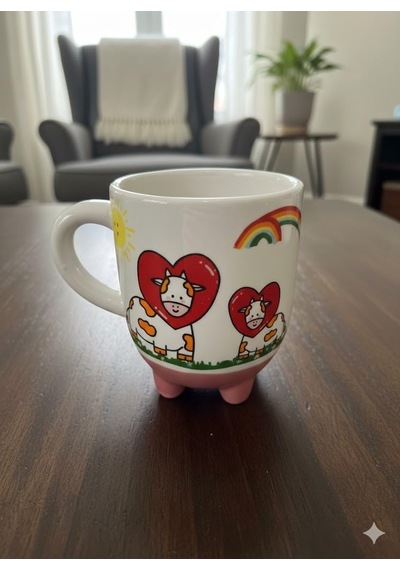 İnek Kupa 08 El Yapımı 3d Krem Parlak Kupa - El Yapımı Seramik Kupa Açık Ahşap