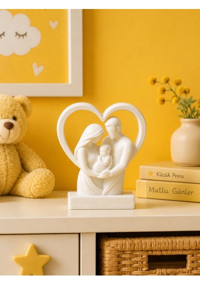 3d Baskı Aile Biblosu Beyaz Dekoratif Anne Baba Bebek Heykeli Kalpli Aile Temalı Masa Ve Raf Süsü - 10 Cm -