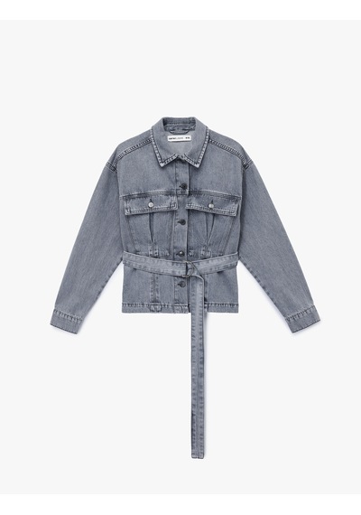 Koton Pamuklu Cep Detaylı Uzun Kollu Klasik Yaka Kemerli Denim Ceket Gri 6wal50019md Gri