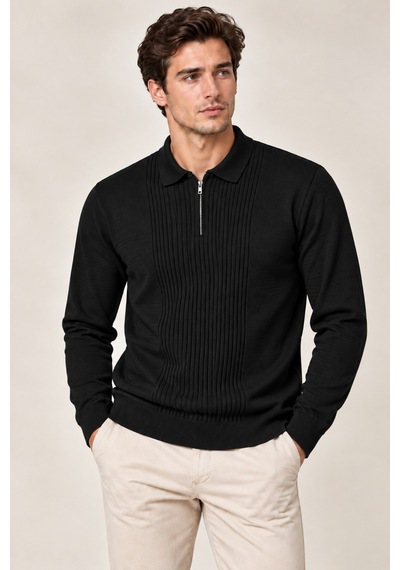 Cool Tarz Erkek Polo Yaka Yarım Fermuarlı Önü Fitilli Slim Fit Akrilik Pamuk Triko Kazak Siyah Siyah Cool Tarz Erkek Polo Yaka Yarım Fermuarlı Önü Fitilli Slim Fit Akrilik Pamuk Triko Kazak Siyah Siyah