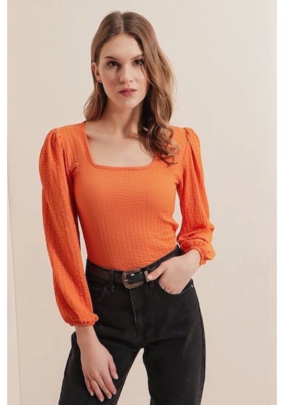 Defymoda 0442 Uzun Kollu Bluz - Turuncu Turuncu