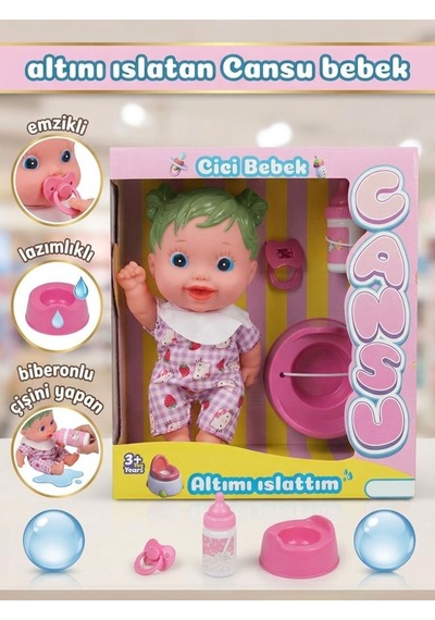 Cansu Bebek: Altını Islatan Renkli Saçlı 4 Parçalı Biberonlu Emzikli Lazımlıklı Oyuncak Bebek Seti Yeşil
