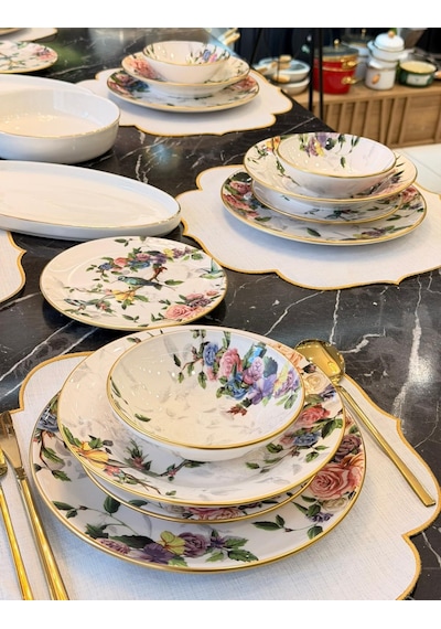 24 Parça 6 Kişilik Modern Flore Bird Yemek Takımı-5694 Çok Renkli