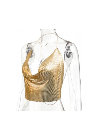 Hazego Parlak Gold Crop & Bluz Kolsuz Kayık Yaka Zırh Büstiyer Std