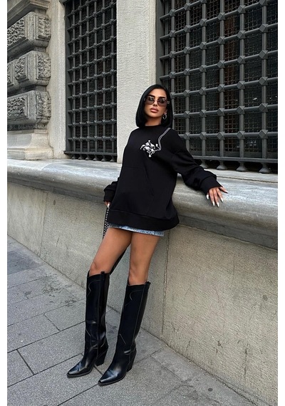 Kadın Siyah Dokuma Oversize Uzun Kollu Sweatshirt Siyah
