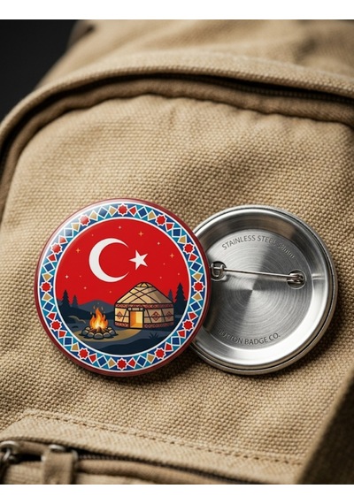 Fikart Geleneksel Türk Otağı Yurt Çadırı Kamp Ateşi Ve Ay Yıldızlı Gece 58mm Buton Rozeti Çok Renkli