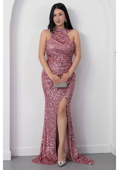 Kalopya Halter Yaka Yırtmaçlı Pulpayet Elbise Ecr5482 Pudra