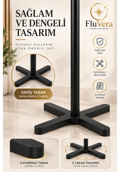 Ayaklı Portmanto Çoklu Kancalı Elbise Askılığı Mont Kaban Çanta Şapka Askısı Antre Askılık Siyah
