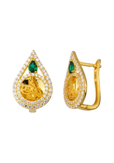 Sembol Gold Altın Tuğralı Küpe Damla Zümrütlü