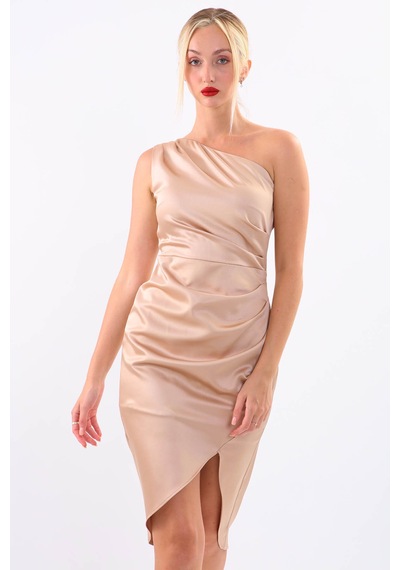 Vitrin Tek Omuz Saten Elbise Gold