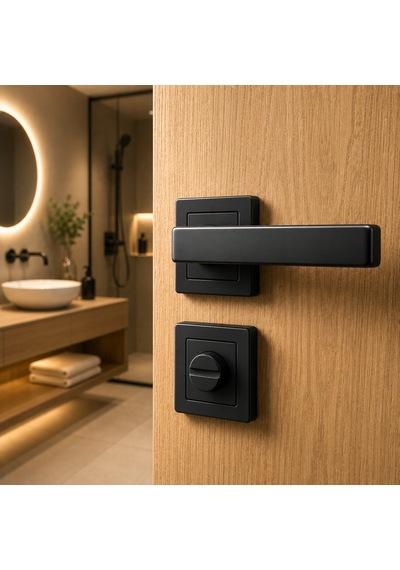 Mat Siyah Kare Rozetli Wc Banyo Kapı Kolu Alüminyum Yapı Modern Tasarım