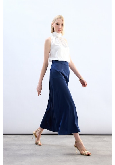Sateen Yüksek Bel Saten Etek - Lacivert-136785 Lacivert