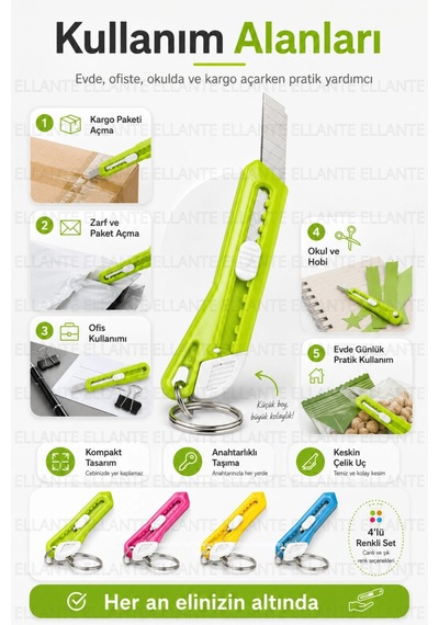 Mini Maket Bıçağı Anahtarlık Çelik Uç Sürgülü Kargo Koli Paket Zarf Açıcı Pratik Kesici Tekli 1 Adet