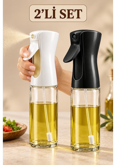 2 Li Cam Sprey Yağlık Seti 2 220 Ml Zeytinyağı Püskürtücü, Salata Ve Airfryer İçin Yağ Spreyi Siyah - Beyaz