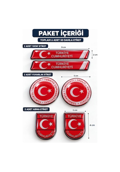 Türkiye Cumhuriyeti 3d Damla Etiket Seti 6 Parça Araç Motor Bisiklet Sticker