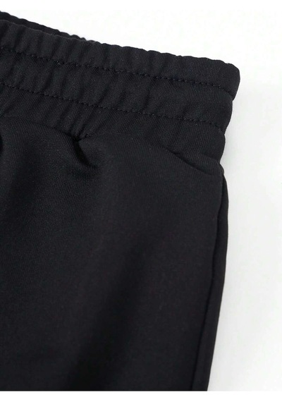 Bear Print Drawstring Waist Şort Siyah