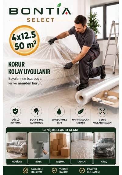 Koruyucu Örtü Naylonu 4x12,5 Metre 50 M² Şeffaf Boya Örtüsü Eşya Mobilya Zemin Toz Ve Boya Koruma Naylonu