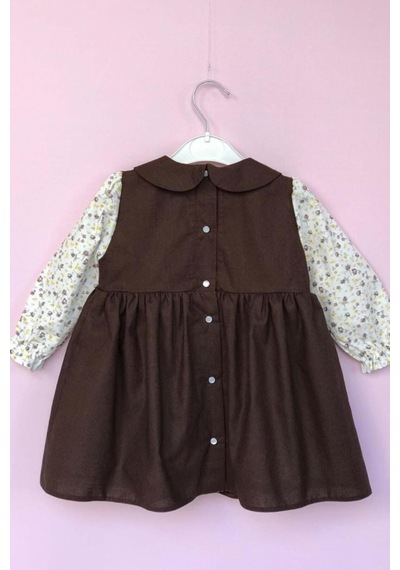 Bebe Yaka Pileli Çiçekli Kahve Kız Çocuk Bebek Elbise 001