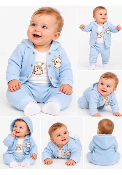 Veraura Lifestyle 0-12 Ay Zürafa Nakışlı Kapşon Hırkalı Kısa Kol Bady Bebek Takımı Mavi