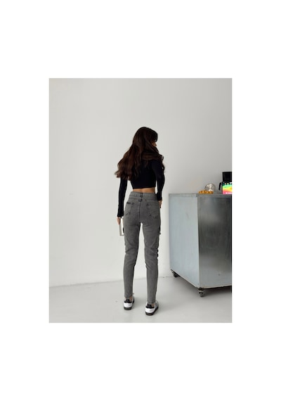 Kene Jeans Kadın Kar Siyah Kargo Cep Dar Paça Siyah
