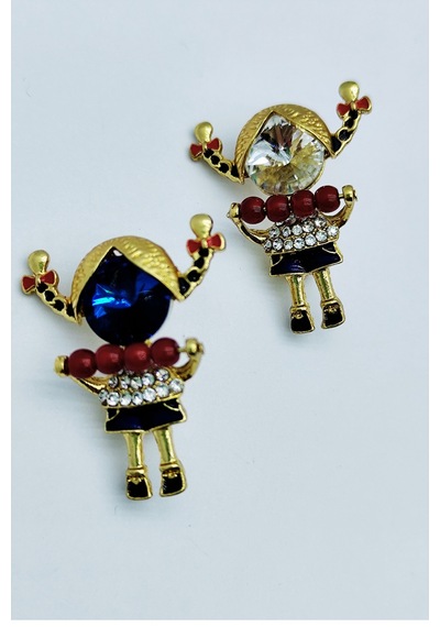 Kırmızı Boncuklu Taşlı Kız Figürü Broş Sevimli Figürlü Şık Brooch Pin Mavi