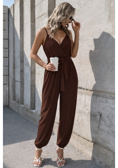 Efnaz Style Kadın Ip Askılı Kruvaze Yakalı Belden Kuşaklı Uzun Sandy Tulum Kahve