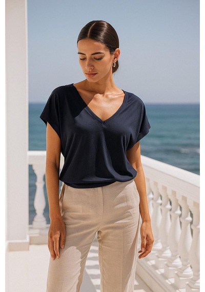 Kadın Koyu Lacivert Viskon Ön Arka V Yakalı T-shirt Yarasa Kol Relaxed Bluz Çok Renkli